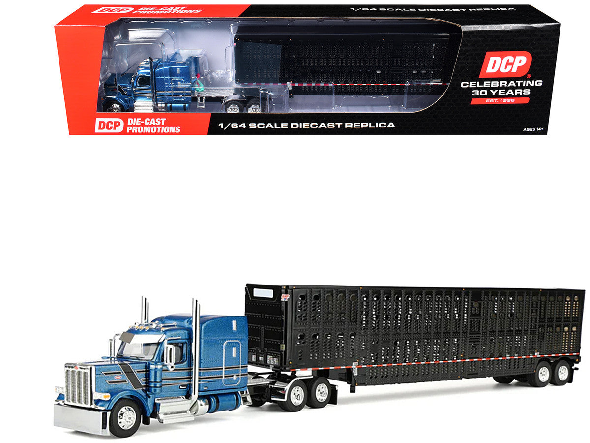 Peterbilt 589 with 72" Mid-Roof Sleeper and Wilson Silverstar Livestock Trailer Bright Blue with Black Stripes and Trailer 1/64 Diecast Model by DCP/First Gear-4