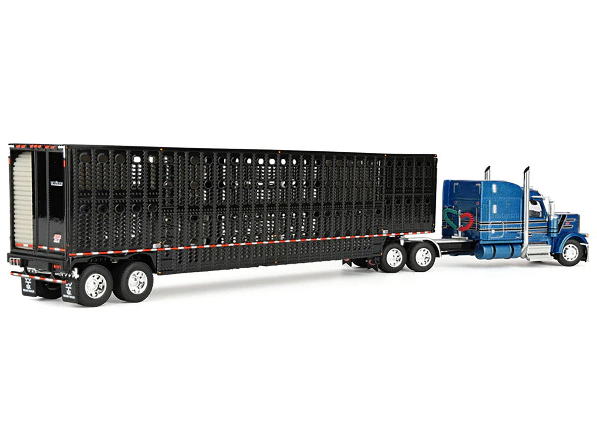 Peterbilt 589 with 72" Mid-Roof Sleeper and Wilson Silverstar Livestock Trailer Bright Blue with Black Stripes and Trailer 1/64 Diecast Model by DCP/First Gear-2