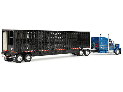 Peterbilt 589 with 72" Mid-Roof Sleeper and Wilson Silverstar Livestock Trailer Bright Blue with Black Stripes and Trailer 1/64 Diecast Model by DCP/First Gear-2