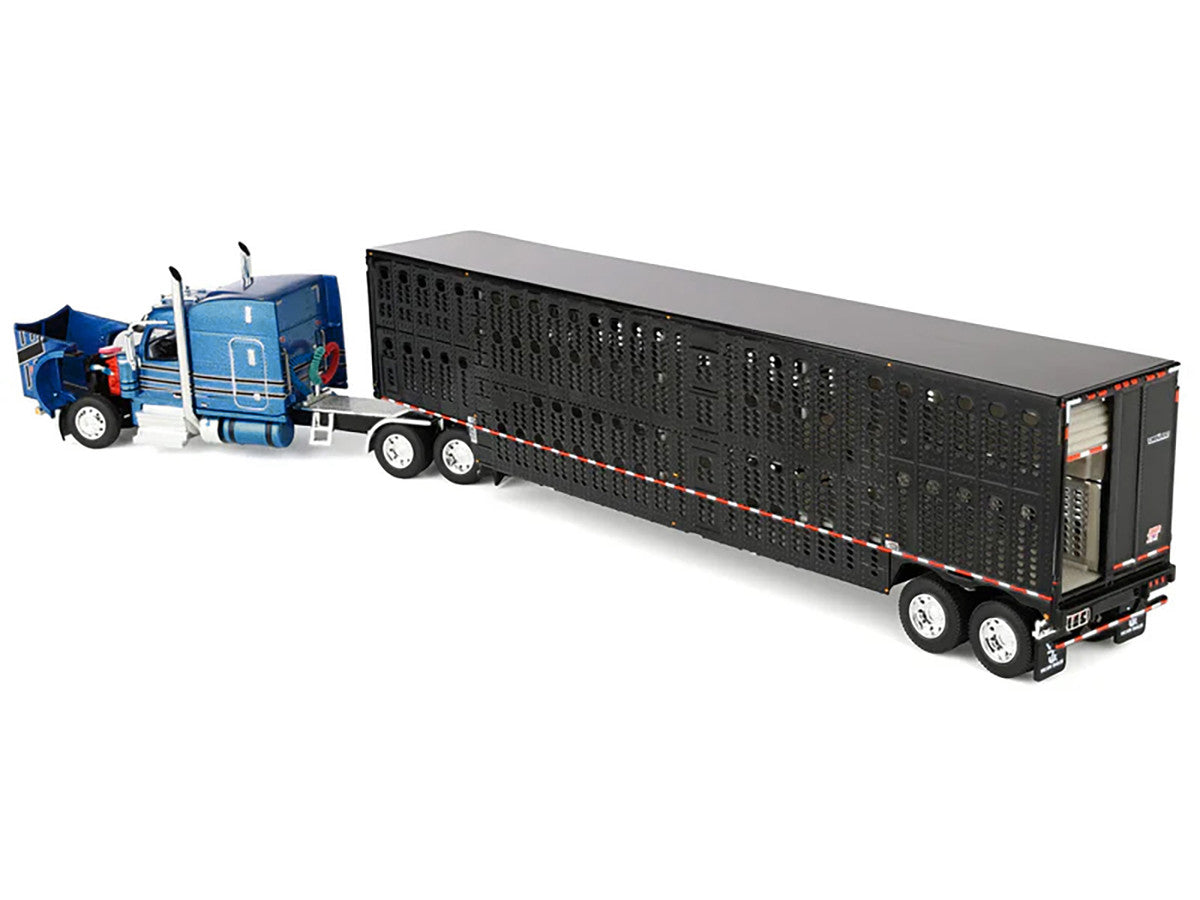 Peterbilt 589 with 72" Mid-Roof Sleeper and Wilson Silverstar Livestock Trailer Bright Blue with Black Stripes and Trailer 1/64 Diecast Model by DCP/First Gear-1