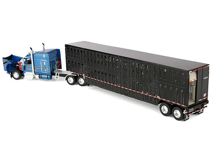 Peterbilt 589 with 72" Mid-Roof Sleeper and Wilson Silverstar Livestock Trailer Bright Blue with Black Stripes and Trailer 1/64 Diecast Model by DCP/First Gear-1