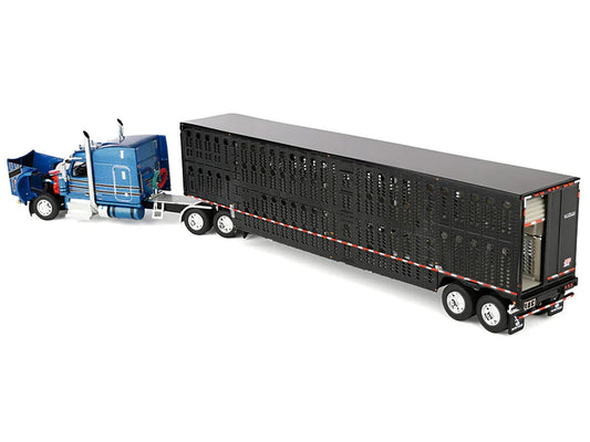 Peterbilt 589 with 72" Mid-Roof Sleeper and Wilson Silverstar Livestock Trailer Bright Blue with Black Stripes and Trailer 1/64 Diecast Model by DCP/First Gear-1