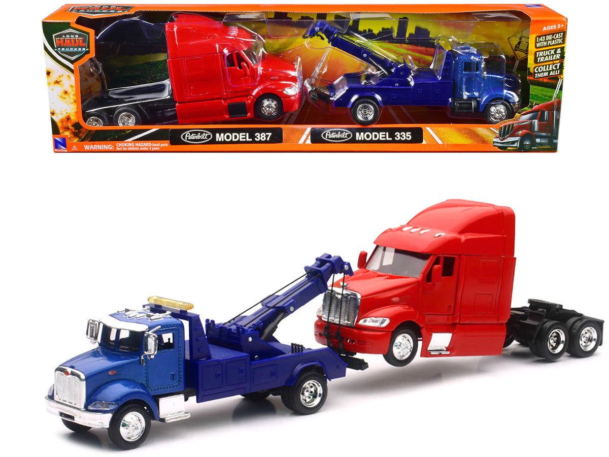 Peterbilt Model 335 Tow Truck Blue and Peterbilt Model 387 Cab Red Set of 2 Pieces 1/43 by New Ray-0