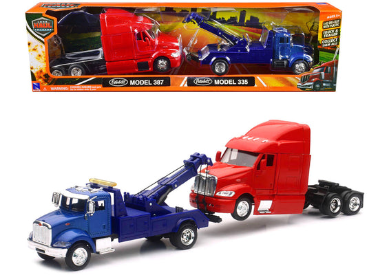 Peterbilt Model 335 Tow Truck Blue and Peterbilt Model 387 Cab Red Set of 2 Pieces 1/43 by New Ray-0