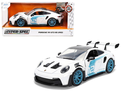 Porsche 911 GT3 RS (992) #12 White with Blue Stripes and Carbon Top "Hyper-Spec" Series 1/24 Diecast Model Car by Jada-4