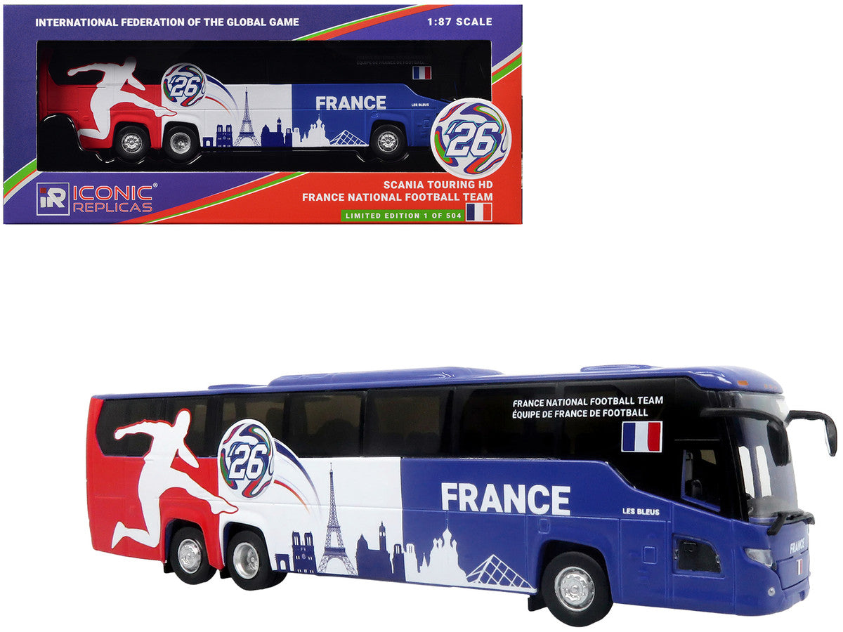 Scania Touring HD Coach Bus "France National Football Team" Blue with Graphics "International Federation of the Global Game" Series Limited Edition to 504 pieces Worldwide 1/87 (HO) Diecast Model by Iconic Replicas-0