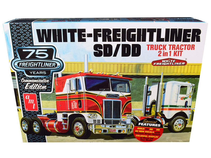 Skill 3 Model Kit White Freightliner SD/DD Truck Tractor 2-in-1 Kit with Display Base "75th Freightliner Anniversary" Commemorative Edition 1/25 Scale Model by AMT-0