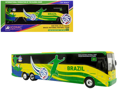 Van Hool CX-45 Coach Bus "Brazil National Football Team" Yellow and Green with Graphics "International Federation of the Global Game" Series Limited Edition to 504 pieces Worldwide 1/87 (HO) Diecast Model by Iconic Replicas-4