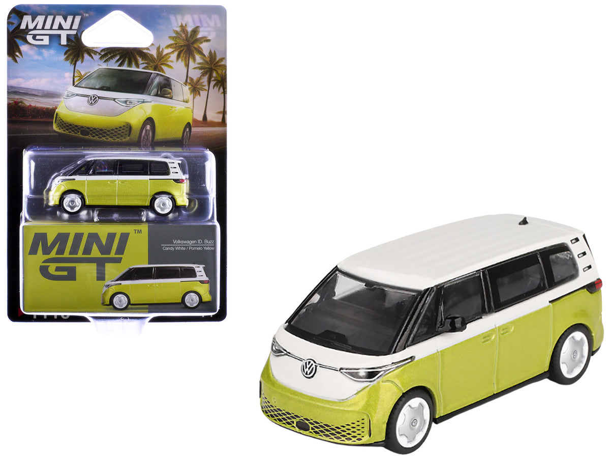 Volkswagen ID. Buzz Van Pomelo Yellow Metallic and Candy White Limited Edition 1/64 Diecast Model Car by Mini GT-2