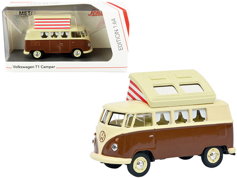 Volkswagen T1 Camper Bus with Pop-Top Roof Brown and Cream 1/64 Diecast Model by Schuco-0
