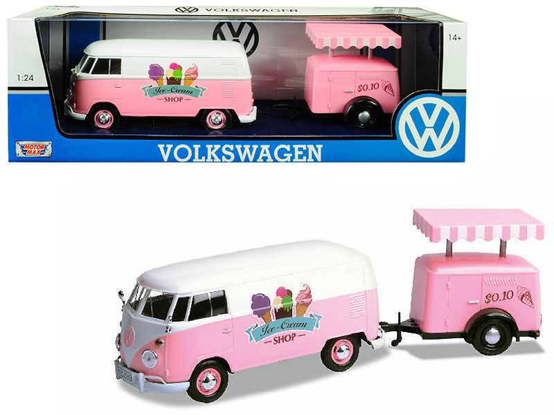 Volkswagen T1 Delivery Van with Ice-Cream Trailer Pink and White "Ice-Cream Shop" 1/24 Diecast Model Car by Motormax-0