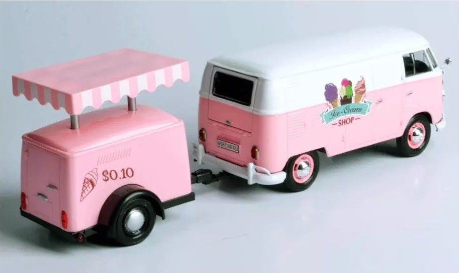 Volkswagen T1 Delivery Van with Ice-Cream Trailer Pink and White "Ice-Cream Shop" 1/24 Diecast Model Car by Motormax-2
