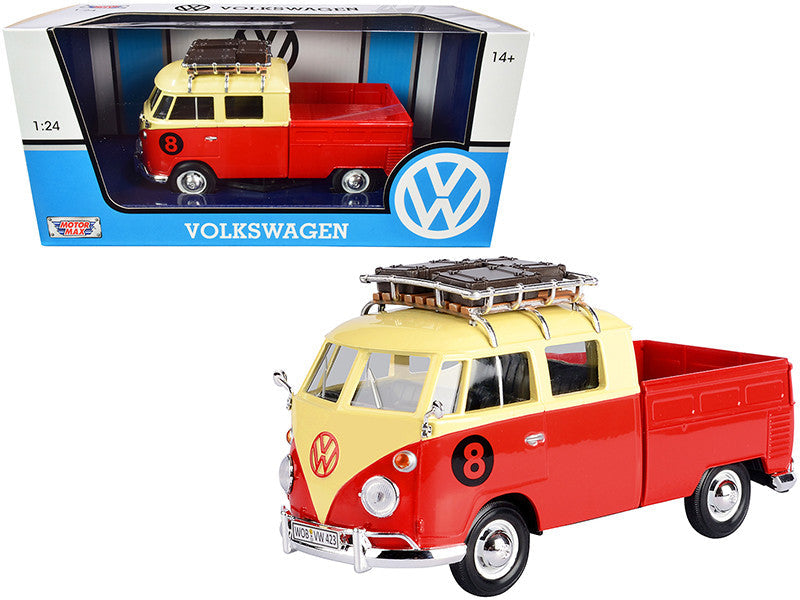Volkswagen Type 2 (T1) #8 Pickup Truck with Roof Rack and Luggage Red and Yellow 1/24 Diecast Model Car by Motormax-0