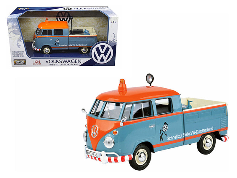 Volkswagen Type 2 (T1) Delivery Service Pickup Truck Blue and Orange "VW-Kundendienst" 1/24 Diecast Model Car by Motormax-0
