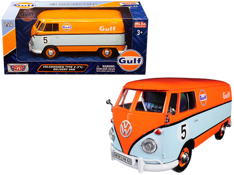 Volkswagen Type 2 (T1) Delivery Van #5 "Gulf" Orange and Light Blue 1/24 Diecast Model Car by Motormax-0
