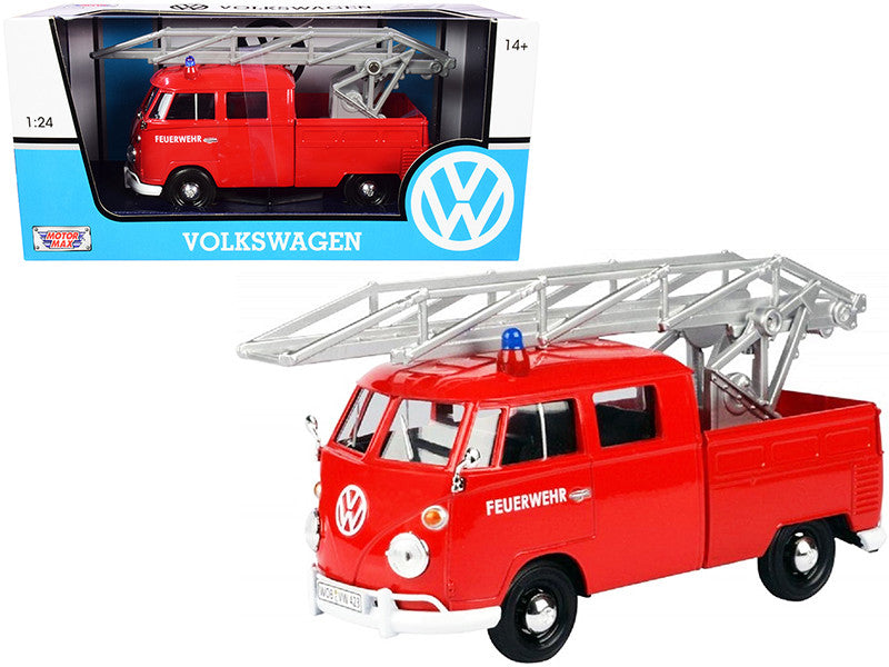 Volkswagen Type 2 (T1) Fire Truck with Aerial Ladder "Feuerwehr" Red 1/24 Diecast Model Car by Motormax-0