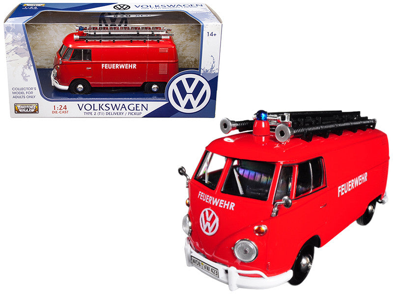 Volkswagen Type 2 (T1) Fire Van "Feuerwehr" Red 1/24 Diecast Model Car by Motormax-0