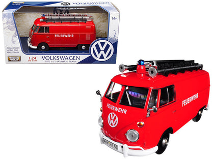 Volkswagen Type 2 (T1) Fire Van "Feuerwehr" Red 1/24 Diecast Model Car by Motormax-0