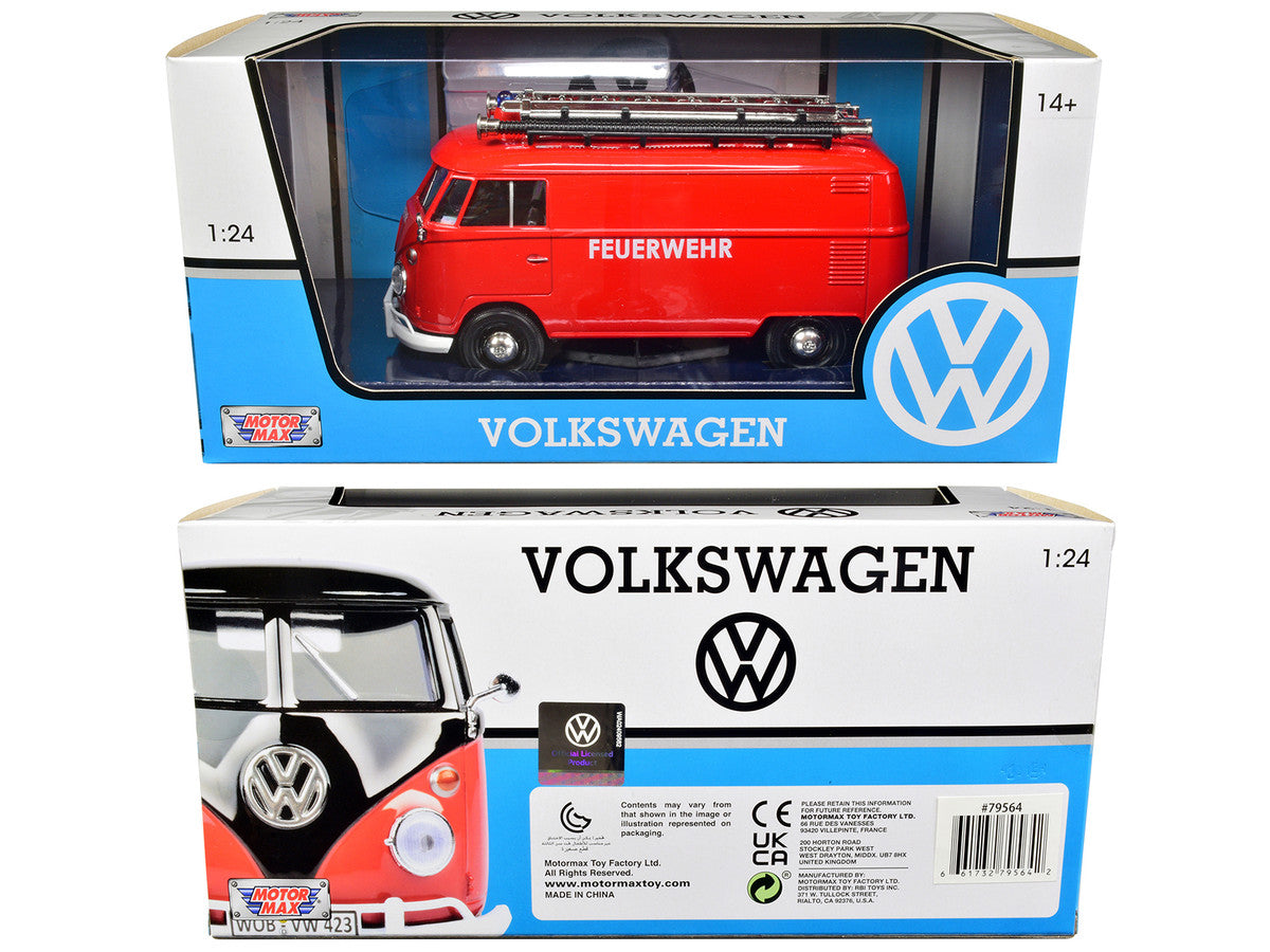 Volkswagen Type 2 (T1) Fire Van "Feuerwehr" Red 1/24 Diecast Model Car by Motormax-2
