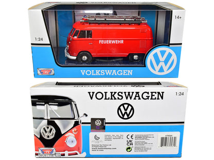 Volkswagen Type 2 (T1) Fire Van "Feuerwehr" Red 1/24 Diecast Model Car by Motormax-2