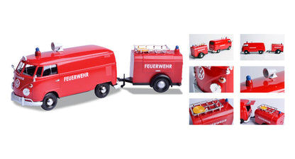 Volkswagen Type 2 (T1) Fire Van with Fire Fighting Trailer "Feuerwehr" Red 1/24 Diecast Model Car by Motormax-1