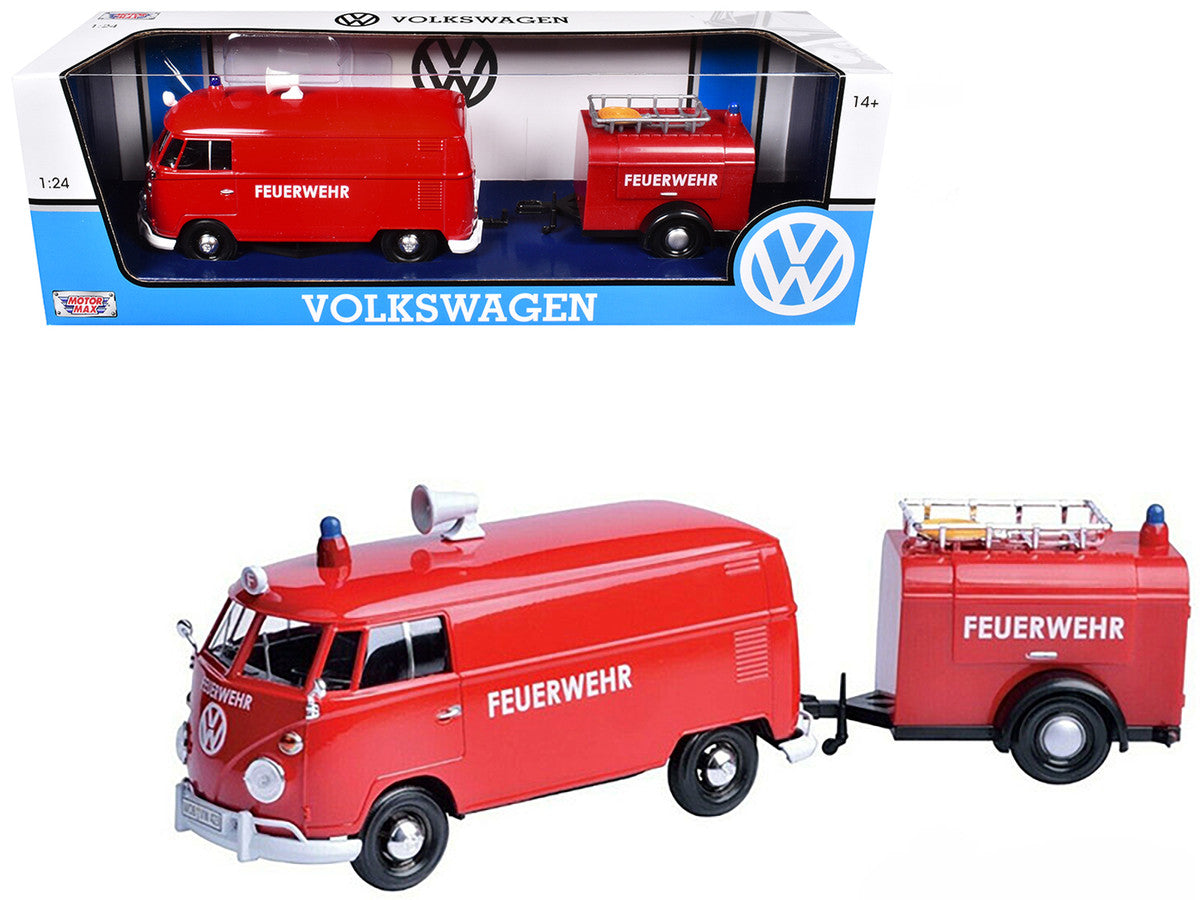Volkswagen Type 2 (T1) Fire Van with Fire Fighting Trailer "Feuerwehr" Red 1/24 Diecast Model Car by Motormax-0
