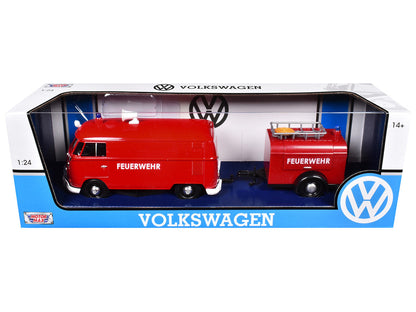 Volkswagen Type 2 (T1) Fire Van with Fire Fighting Trailer "Feuerwehr" Red 1/24 Diecast Model Car by Motormax-2