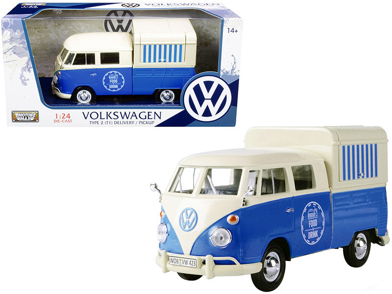 Volkswagen Type 2 (T1) Pickup Food Truck Cream and Blue 1/24 Diecast Model Car by Motormax-0