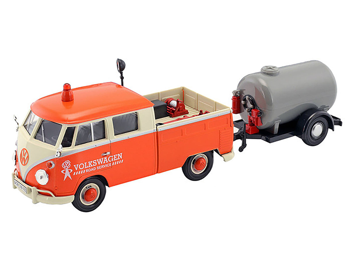 Volkswagen Type 2 (T1) Pickup Truck Orange and Cream with Oil Trailer "Road Service" 1/24 Diecast Model Car by Motormax-1