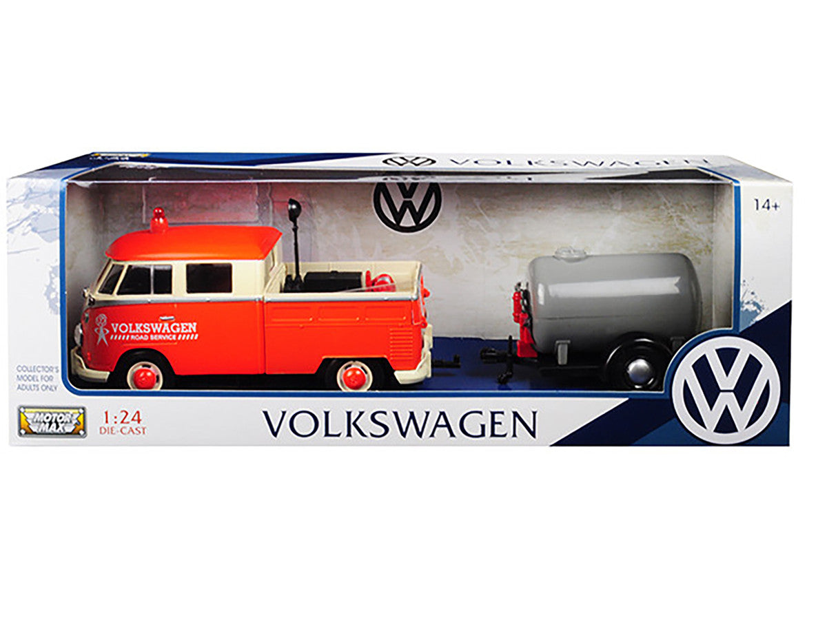 Volkswagen Type 2 (T1) Pickup Truck Orange and Cream with Oil Trailer "Road Service" 1/24 Diecast Model Car by Motormax-2