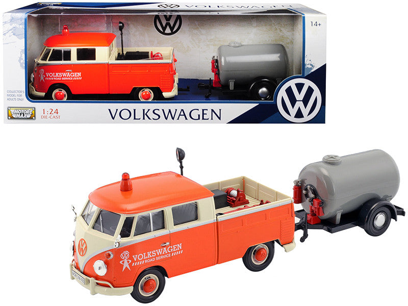 Volkswagen Type 2 (T1) Pickup Truck Orange and Cream with Oil Trailer "Road Service" 1/24 Diecast Model Car by Motormax-0