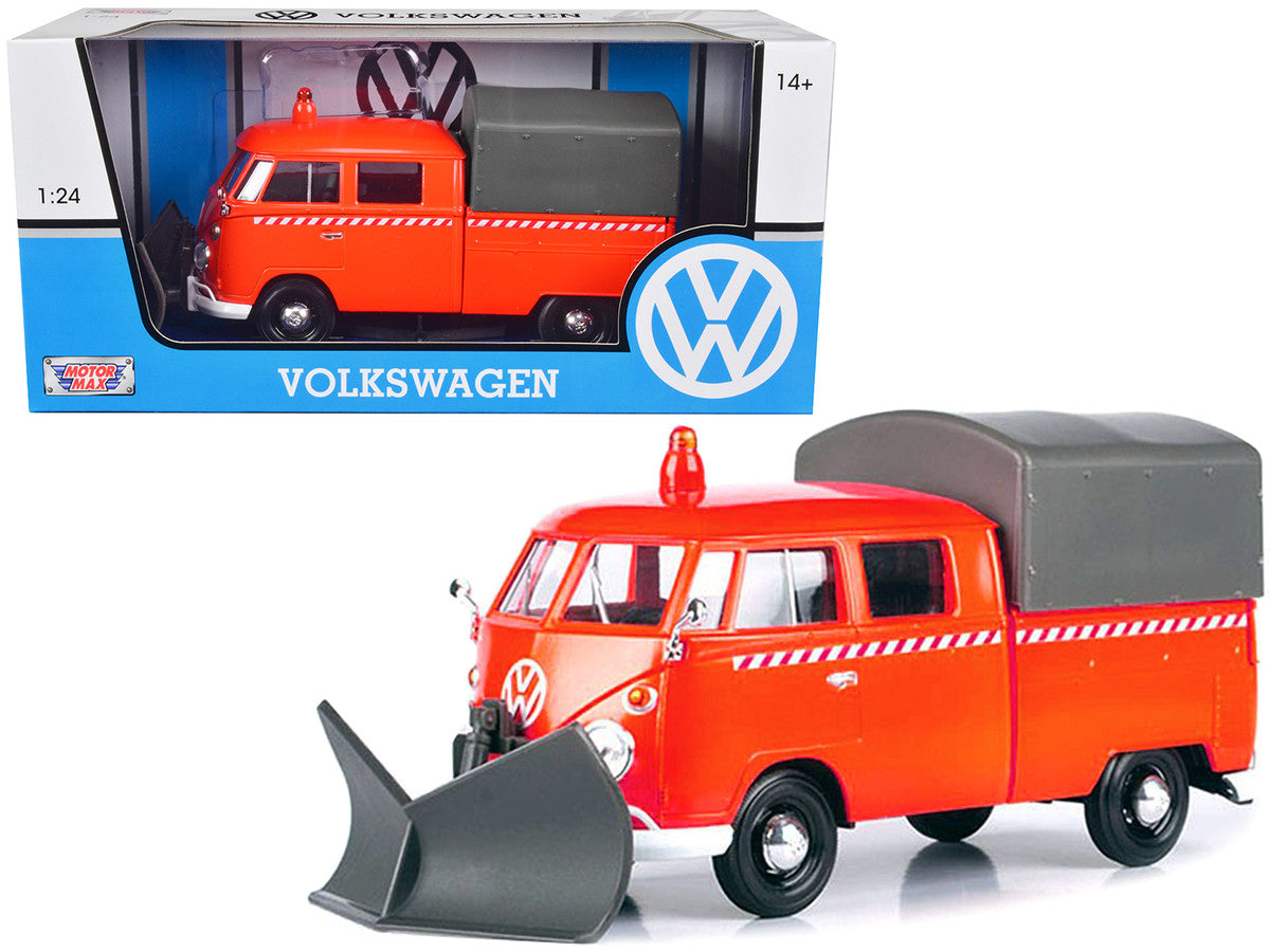 Volkswagen Type 2 (T1) Pickup Truck Orange with Snow Plow and Camper Shell 1/24 Diecast Model Car by Motormax-0