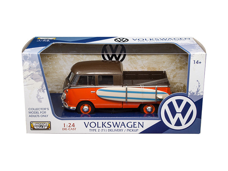 Volkswagen Type 2 (T1) Pickup with Surfboard Brown and Orange 1/24 Diecast Model Car by Motormax-2