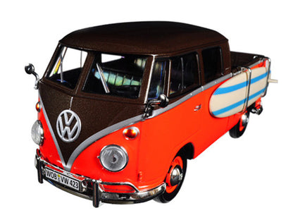 Volkswagen Type 2 (T1) Pickup with Surfboard Brown and Orange 1/24 Diecast Model Car by Motormax-1