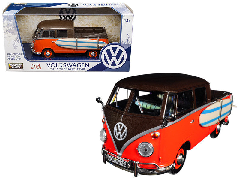 Volkswagen Type 2 (T1) Pickup with Surfboard Brown and Orange 1/24 Diecast Model Car by Motormax-0