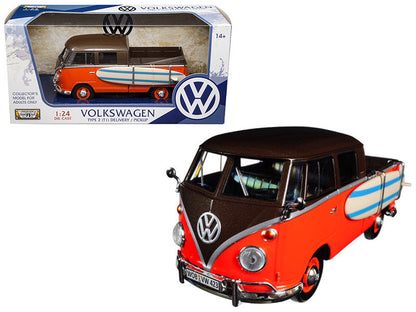 Volkswagen Type 2 (T1) Pickup with Surfboard Brown and Orange 1/24 Diecast Model Car by Motormax-0