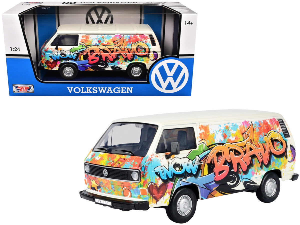 Volkswagen Type 2 (T3) Van White Metallic with Graffiti Graphics 1/24 Diecast Model Car by Motormax-4